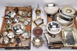 TWO BOXES OF VICTORIAN AND LATER SILVER PLATE, including two entree dishes and covers, two comports,