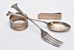 A SILVER FORK, SPOON, NAPKIN RING AND A MONEY CLIP, the silver desert fork and spoon each with a