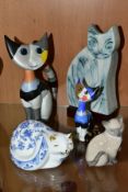 FIVE VARIOUS CAT ORNAMENTS, comprising Lladro seated cat, height 8cm, a Minton 'Shalimar' cat, two