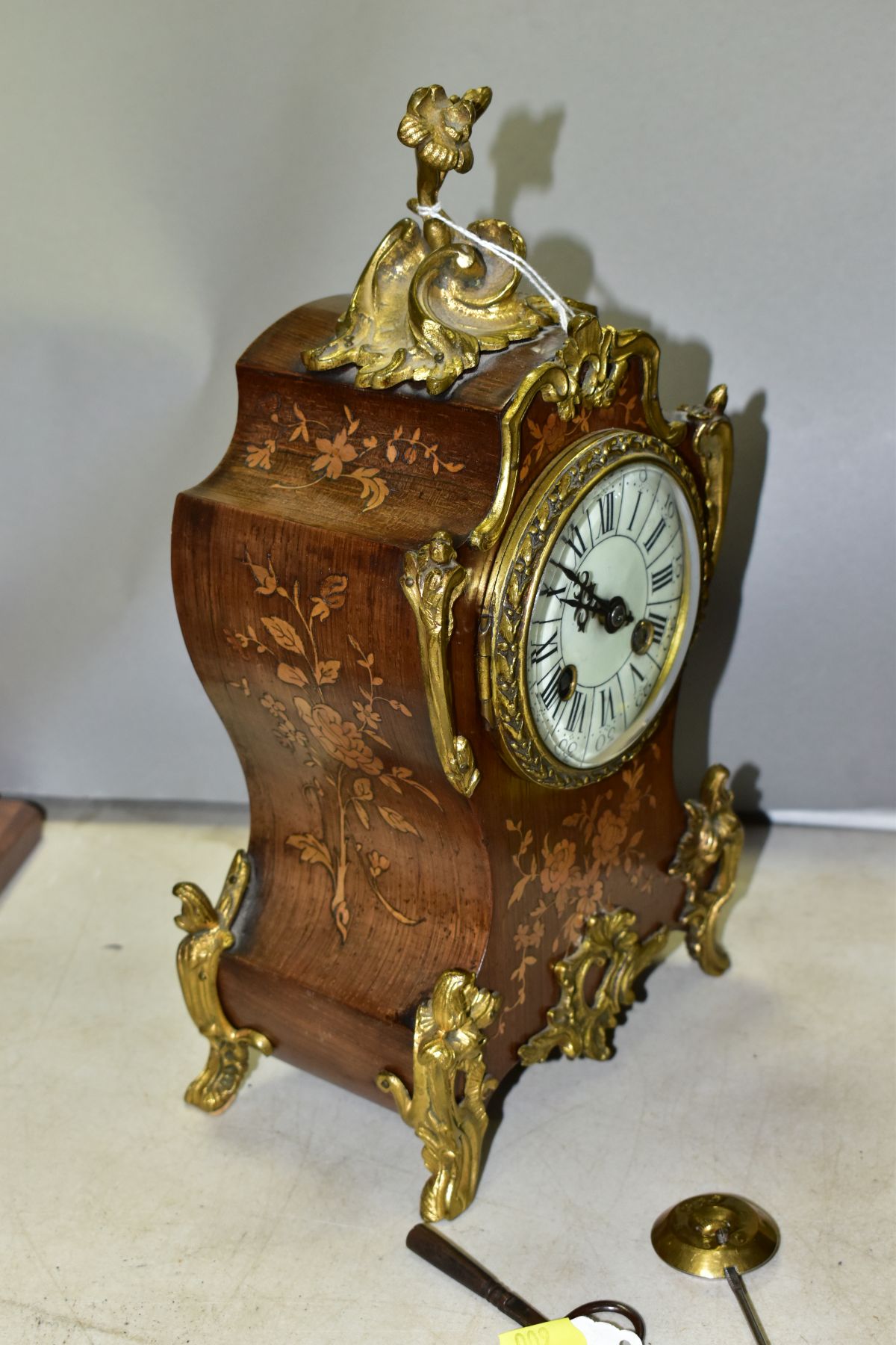 A LATE 19TH CENTURY LOUIS XVI STYLE GILT METAL AND MARQUETRY MANTEL CLOCK, enamel dial, Arabic and - Image 6 of 7