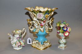 AN EARLY VICTORIAN COALPORT TWIN HANDLED VASE AND TWO FLORALLY ENCRUSTED UNMARKED TOY ITEMS,