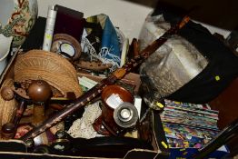 THREE BOXES AND LOOSE SUNDRY ITEMS, ETC, to include treen ebony candlesticks, lidded clock, dressing