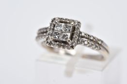 A 18CT WHITE GOLD DIAMOND RING, the head is of a square design, set with four princess cut diamonds,