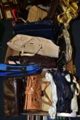 THREE BOXES OF HAND AND SHOULDER BAGS, ETC, brands include Debenhams Berketex, BHS, Versace