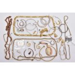 A BAG OF ASSORTED COSTUME JEWELLERY, to include seven pairs of white metal hoop earrings, two