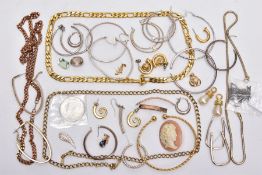 A BAG OF ASSORTED COSTUME JEWELLERY, to include seven pairs of white metal hoop earrings, two