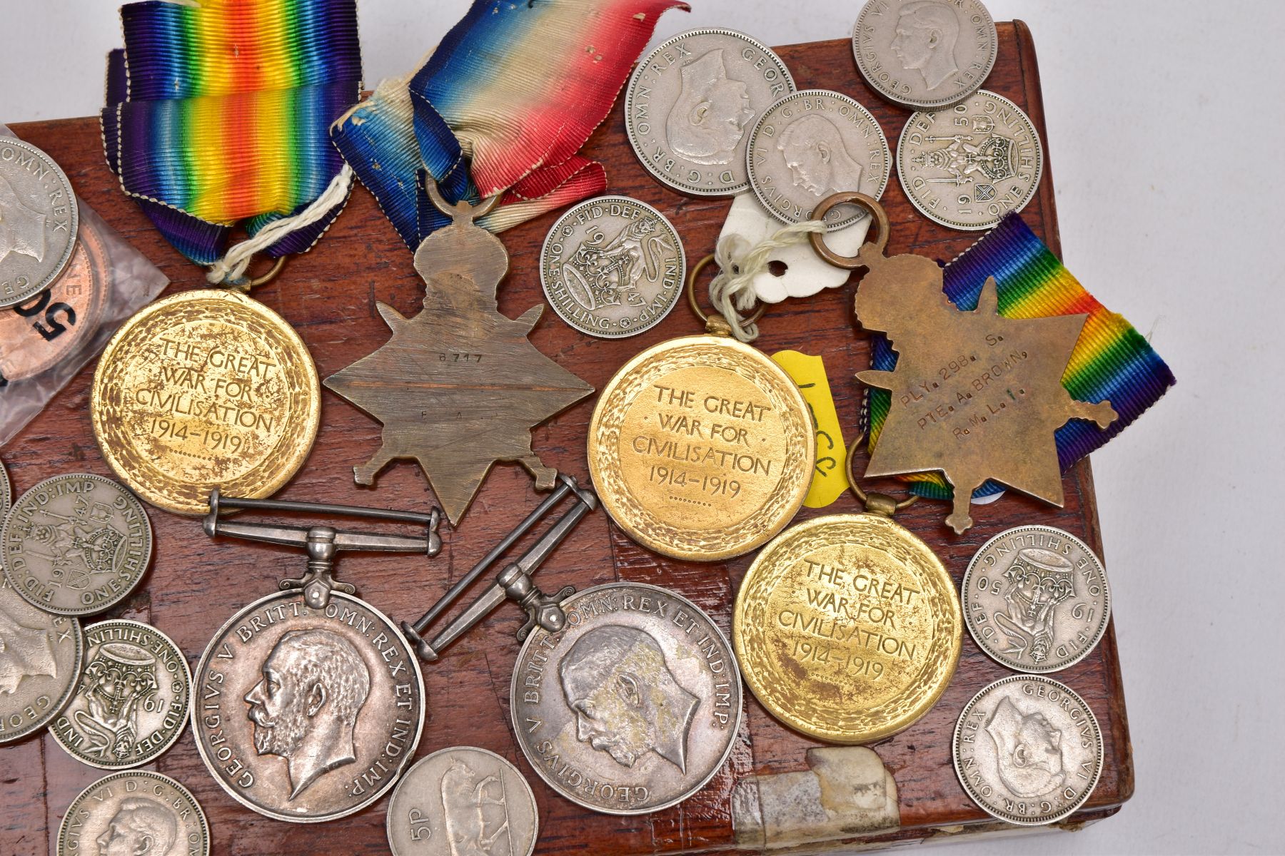 A BOX CONTAINING SOME BRITISH COINAGE AND MEDALS GROUPS comprising British War & Victory medal, pair - Image 3 of 4