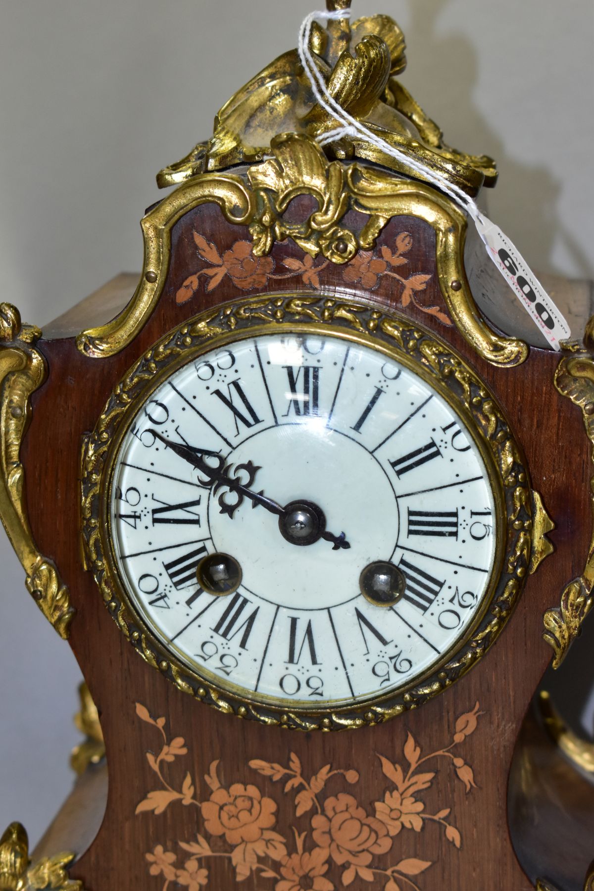 A LATE 19TH CENTURY LOUIS XVI STYLE GILT METAL AND MARQUETRY MANTEL CLOCK, enamel dial, Arabic and - Image 2 of 7