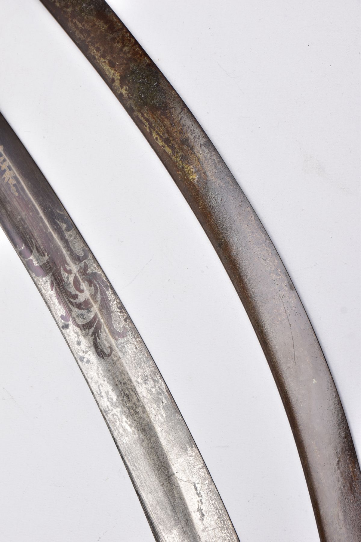 TWO LONG CURVED BLADE SWORDS, Eastern in design and looks, blade on one has been lacquered, etched - Image 5 of 10