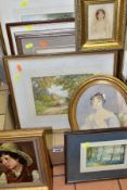 A BOX OF 19TH/20TH CENTURY WATERCOLOURS AND AN OIL PORTRAIT, comprising an unsigned oil on board