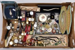 A BOX OF ASSORTED COSTUME JEWELLERY AND WRISTWATCHES, to include a two tone weaving line bracelet,