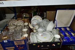 FIVE BOXES OF CERAMICS AND SUNDRIES ETC, to include Johnson Brothers 'Eternal Beau' part dinner