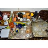 FIVE BOXES OF GLASSWARE AND CERAMICS, etc, including pottery storage jars, Thomas Webb bowl,