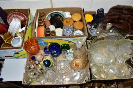 FIVE BOXES OF GLASSWARE AND CERAMICS, etc, including pottery storage jars, Thomas Webb bowl,