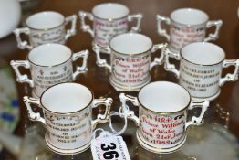 EIGHT ROYAL CROWN DERBY MINIATURE LOVING CUPS COMMEMORATING ROYAL OCCASIONS, comprising four 'To