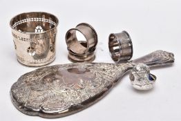 A SELECTION OF SILVER ITEMS, to include a silver pierced cup lining, hallmarked 'Adie Brothers