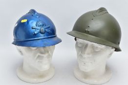 TWO x EXAMPLES OF FRENCH MILITARY 'ADRIANNE' HELMETS together with drab green design with inner