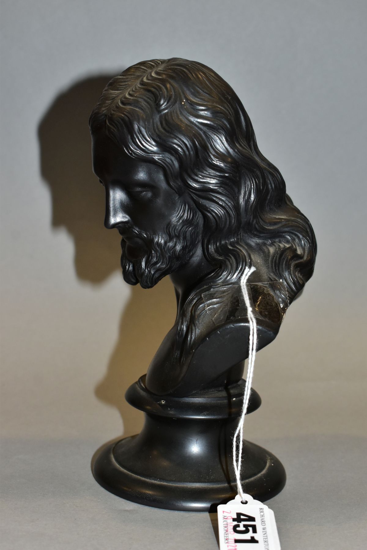 A LATE 19TH CENTURY WEDGWOOD BLACK BASALT BUST OF JESUS CHRIST, impressed marks to back of bust - Image 4 of 6