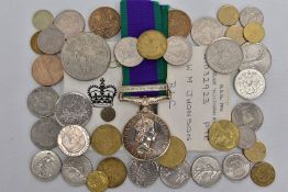 A DISH CONTAINING MISCELLANEOUS FOREIGN COINAGE ETC, and a boxed Campaign Service Medal with