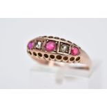 AN EARLY 20TH CENTURY 9CT GOLD BOAT RING, set with two rose cut diamonds, a single circular cut ruby