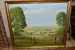 FRANK CLAY (BRITISH 1911-2000), a Derbyshire landscape of fields beyond a rusting farm gate,