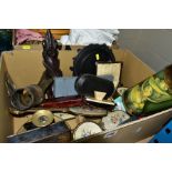 TWO BOXES OF METALWARE, TREEN, TEXTILES, etc, including empty jewellery and flatware boxes, petite