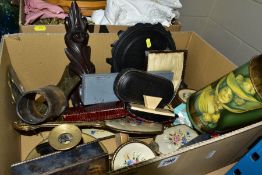 TWO BOXES OF METALWARE, TREEN, TEXTILES, etc, including empty jewellery and flatware boxes, petite
