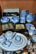 WEDGWOOD PALE BLUE JASPERWARE MINIATURES, comprising coffee pot, teapot, covered sugar, milk jug,