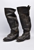 A PAIR OF MILITARY STYLE KNEE LENGTH BOOTS, dark brown in colour WWI era? Possibly for a military