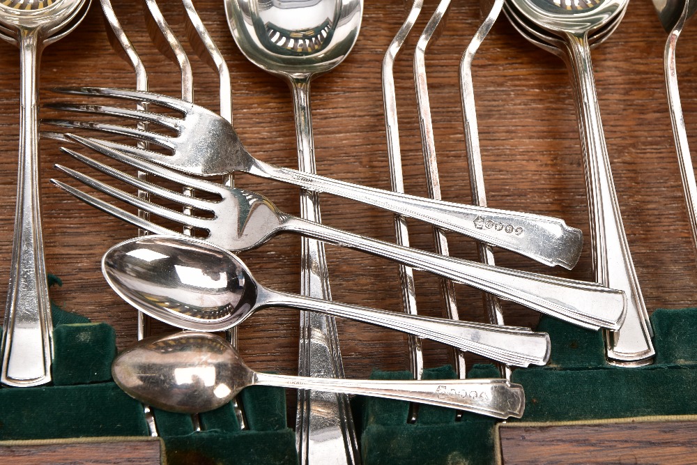 AN ART DECO OAK CASED CANTEEN OF SILVER PLATED CUTLERY, for six settings, ivorine handles, - Image 6 of 11