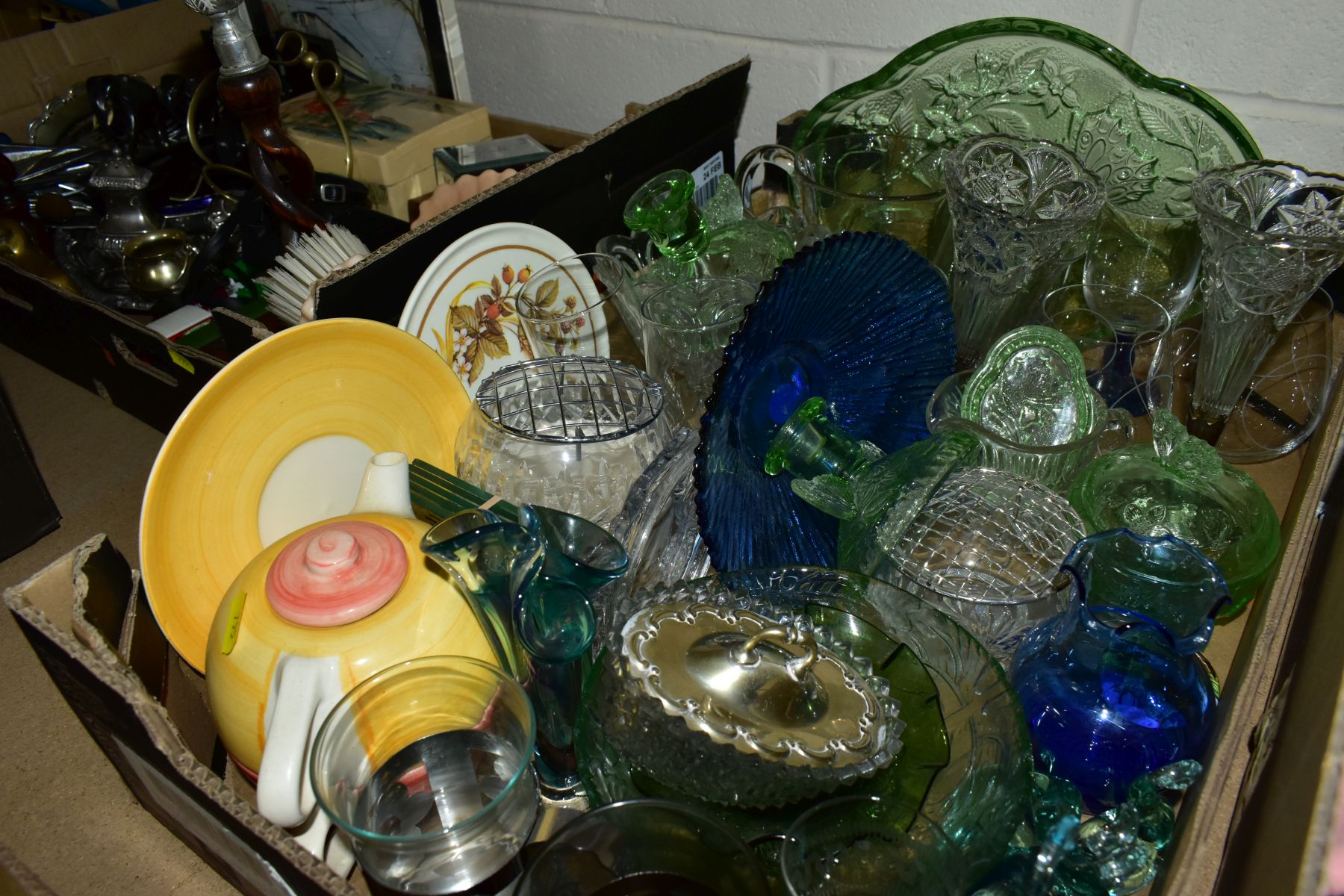 FOUR BOXES OF CERAMICS AND GLASSWARE, METALWARE, etc, including a pair of late Victorian - Image 8 of 11