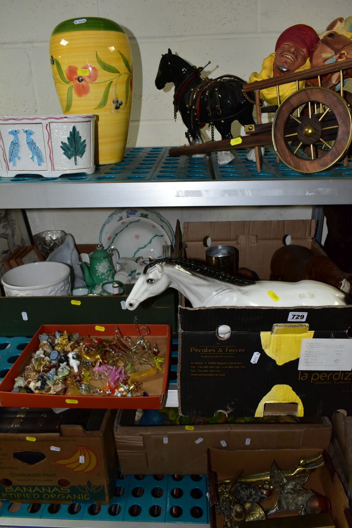 SIX BOXES AND LOOSE OF CERAMICS, GLASS, BOOKS, METALWARES, etc, including a ceramic shire horse with