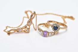 THREE ITEMS OF JEWELLERY TO INCLUDE, a 9ct gold sapphire and diamond heart shaped cluster ring, a
