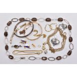 A BAG OF ASSORTED COSTUME JEWELLERY, to include a pair of white metal heart shaped drop earrings,