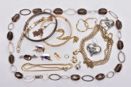 A BAG OF ASSORTED COSTUME JEWELLERY, to include a pair of white metal heart shaped drop earrings,