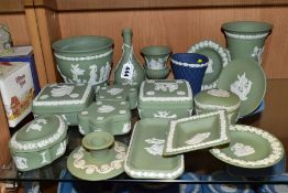 WEDGWOOD GREEN JASPERWARES, to include four vases,/jardinière, six trinket boxes, (two with slight