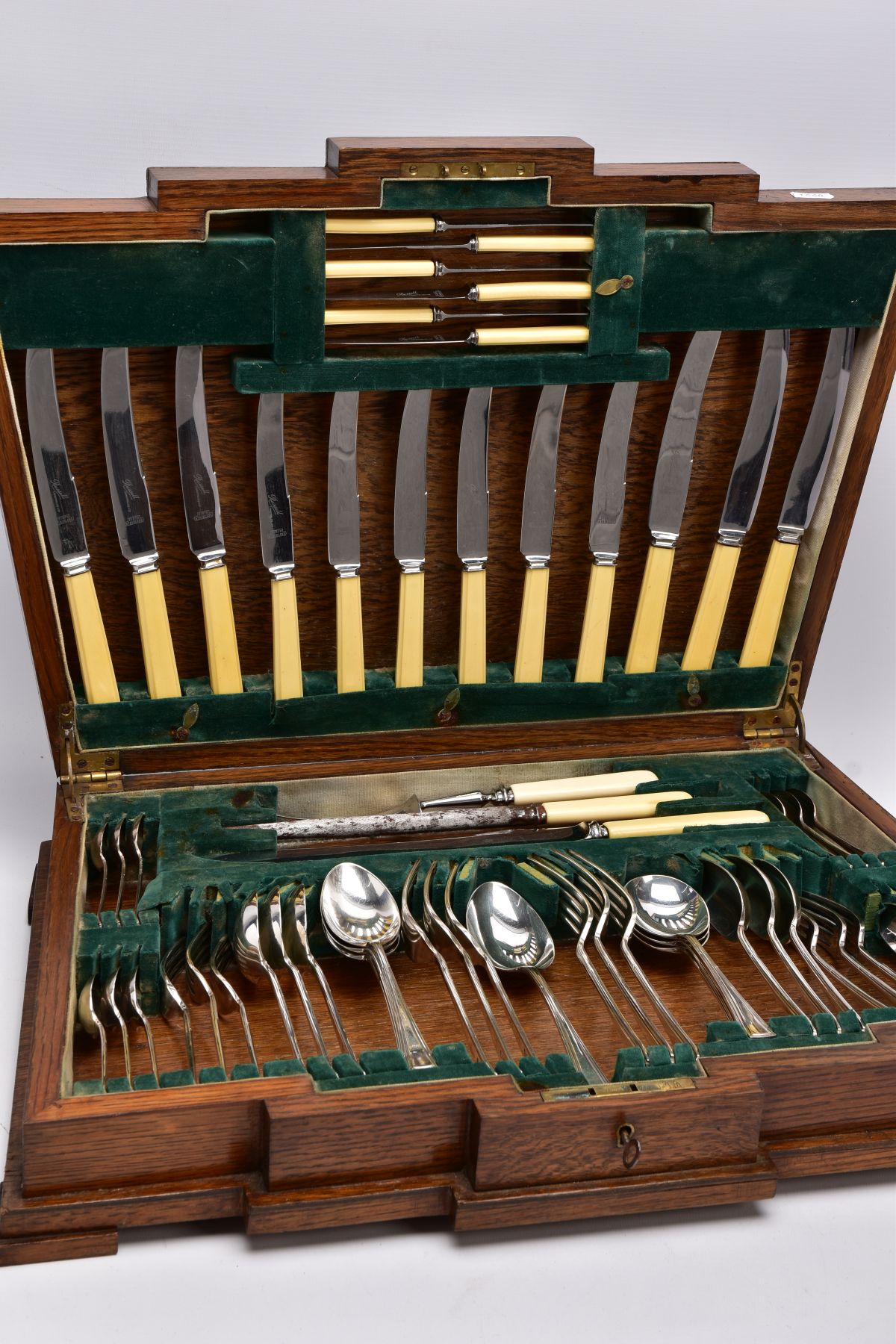AN ART DECO OAK CASED CANTEEN OF SILVER PLATED CUTLERY, for six settings, ivorine handles, - Image 2 of 11