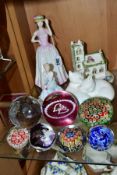 FOUR ROYAL DOULTON AND COALPORT ITEMS AND SEVEN MODERN GLASS PAPERWIGHTS, comprising Royal