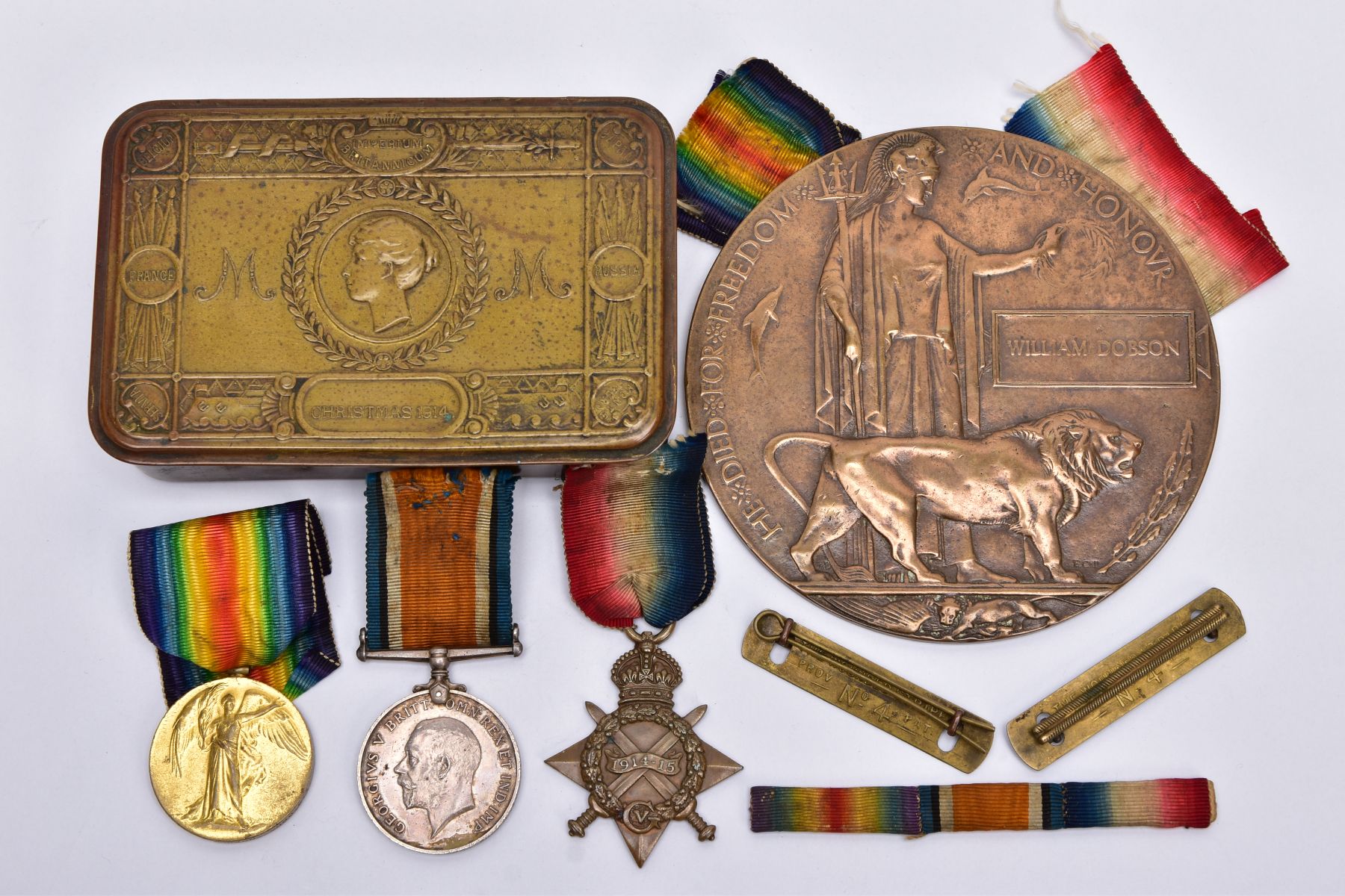 A GROUP OF WWI 1914-15 STAR BRITISH WAR AND VICTORY MEDALS, named to 8870 Pte. W.Dobson (4-8870)