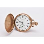 A ROLLED GOLD FULL HUNTER POCKET WATCH, with a round white dial signed 'Prescot', Roman numerals,