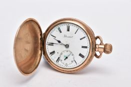 A ROLLED GOLD FULL HUNTER POCKET WATCH, with a round white dial signed 'Prescot', Roman numerals,