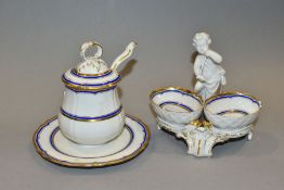 A LATE 19TH CENTURY BERLIN KPM PART CRUET SET, comprising a mustard pot and cover with fixed stand