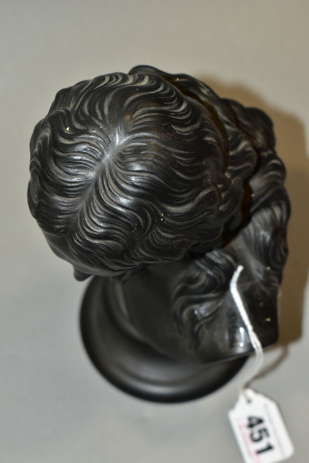 A LATE 19TH CENTURY WEDGWOOD BLACK BASALT BUST OF JESUS CHRIST, impressed marks to back of bust - Image 5 of 6