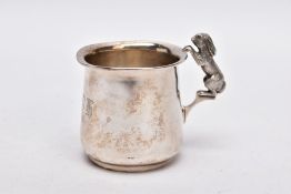 A SILVER CHRISTENING CUP, plain polished design, engraved monogram, fitted with a handle in the form