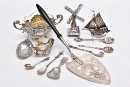 A SELECTION OF CONTINENTAL SILVER ITEMS, to include a miniature windmill with a stamp mark for the