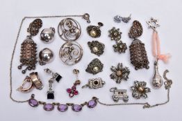 A BAG OF ASSORTED WHITE METAL JEWELLERY, to include eight pairs of earrings such as, a pair of white