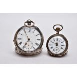 TWO OPEN FACED POCKET WATCHES, the first with a round white dial, Roman numerals, seconds subsidiary