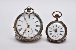 TWO OPEN FACED POCKET WATCHES, the first with a round white dial, Roman numerals, seconds subsidiary