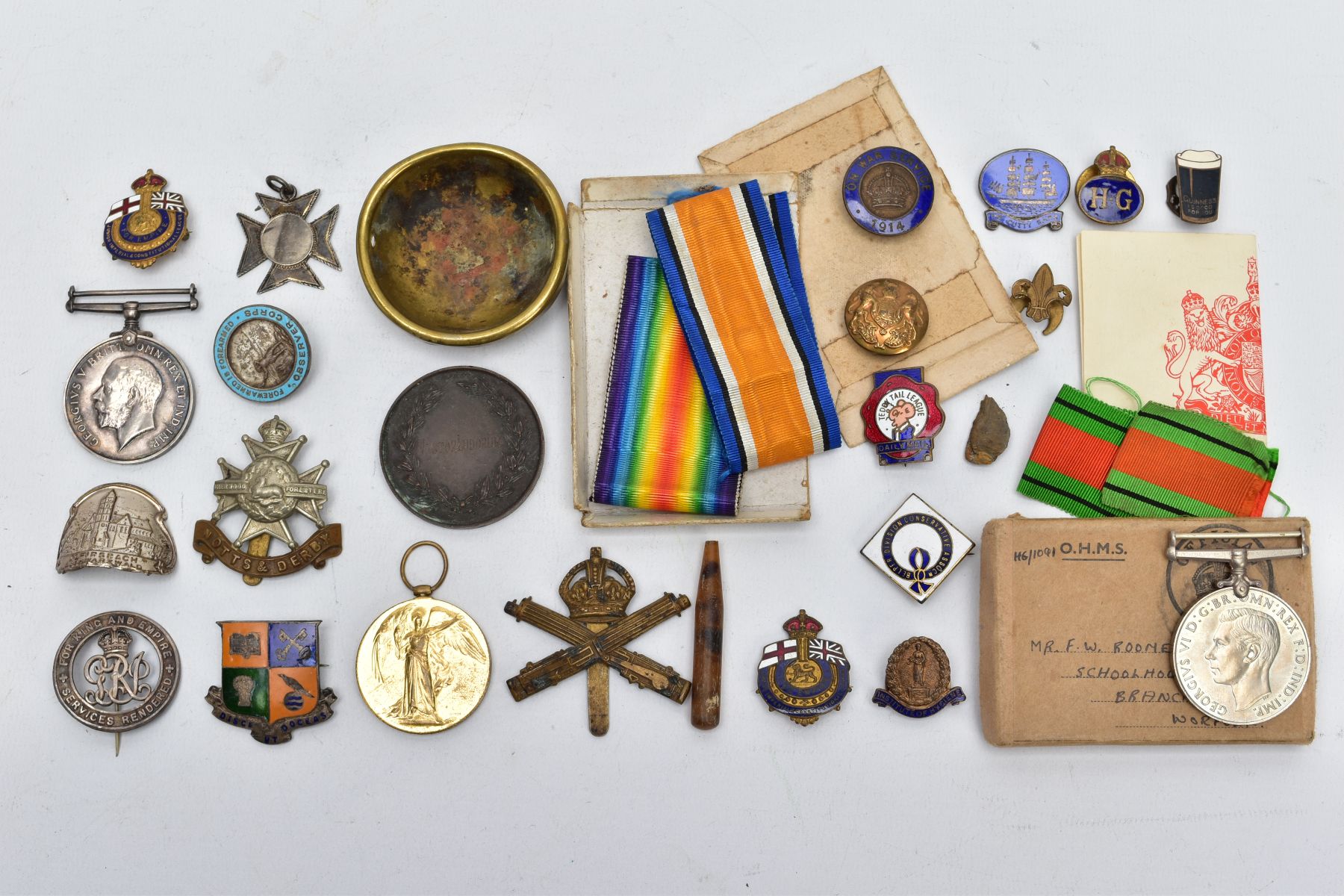 A BOX CONTAINING A BRITISH WAR & VICTORY MEDAL PAIR, with flattened box of issue named Pte 66419