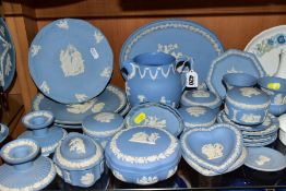 WEDGWOOD LIGHT BLUE JASPERWARE, to include a jug, height 13cm, two Christmas plates 1988, 'Albert
